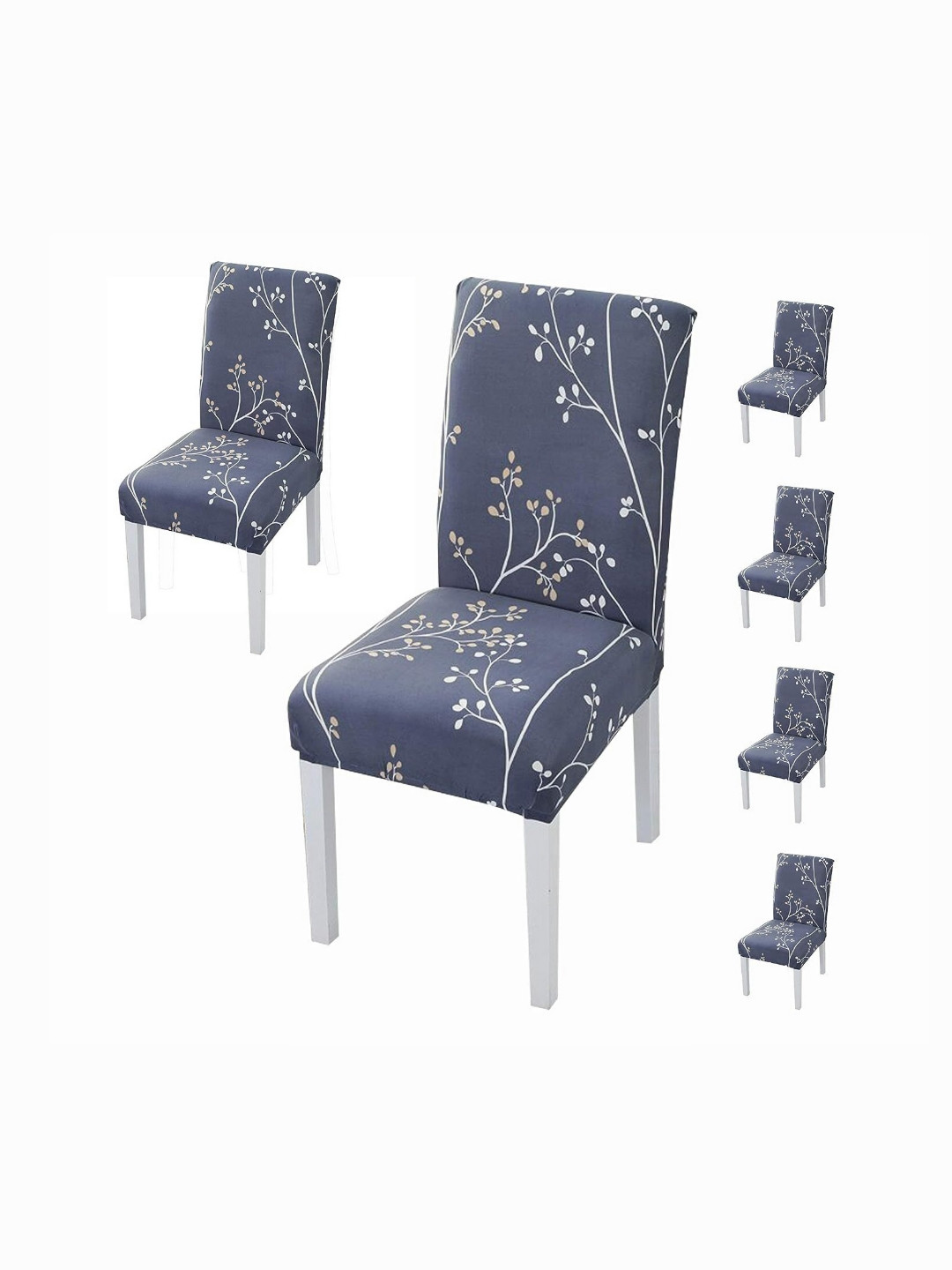 FAVRIA 6 Pieces Grey & White Floral Printed Stretchable Dining Chair Covers