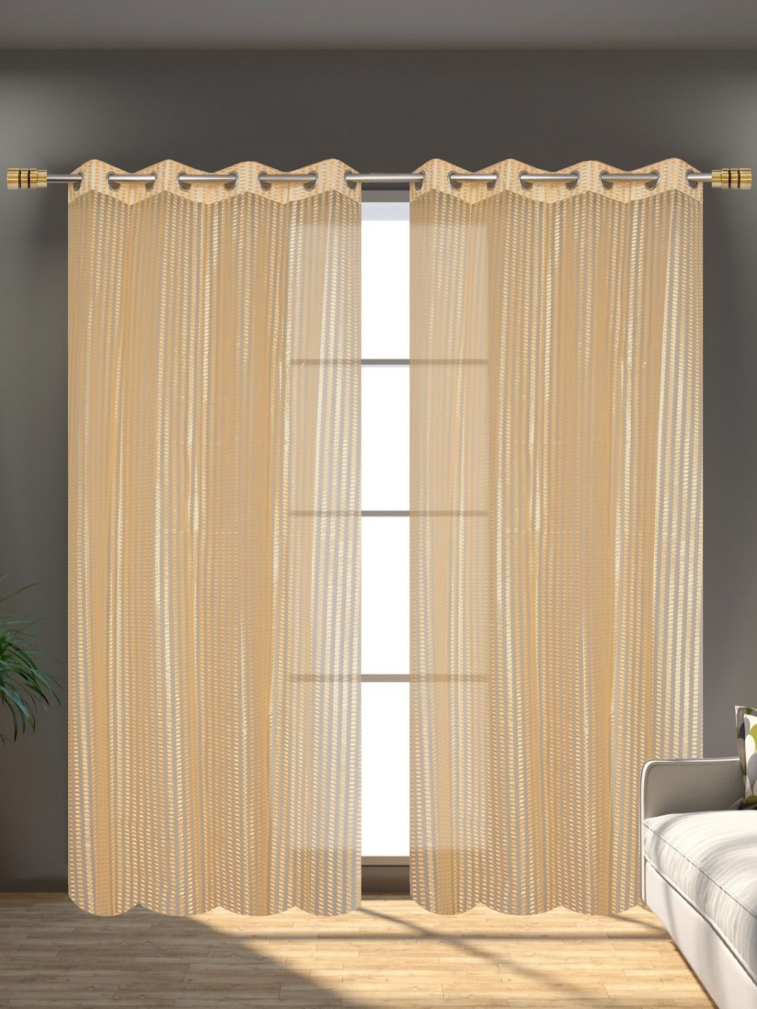 Galaxy Home Decor Gold-Toned 2 Pieces Striped Transparent Net Door Curtains