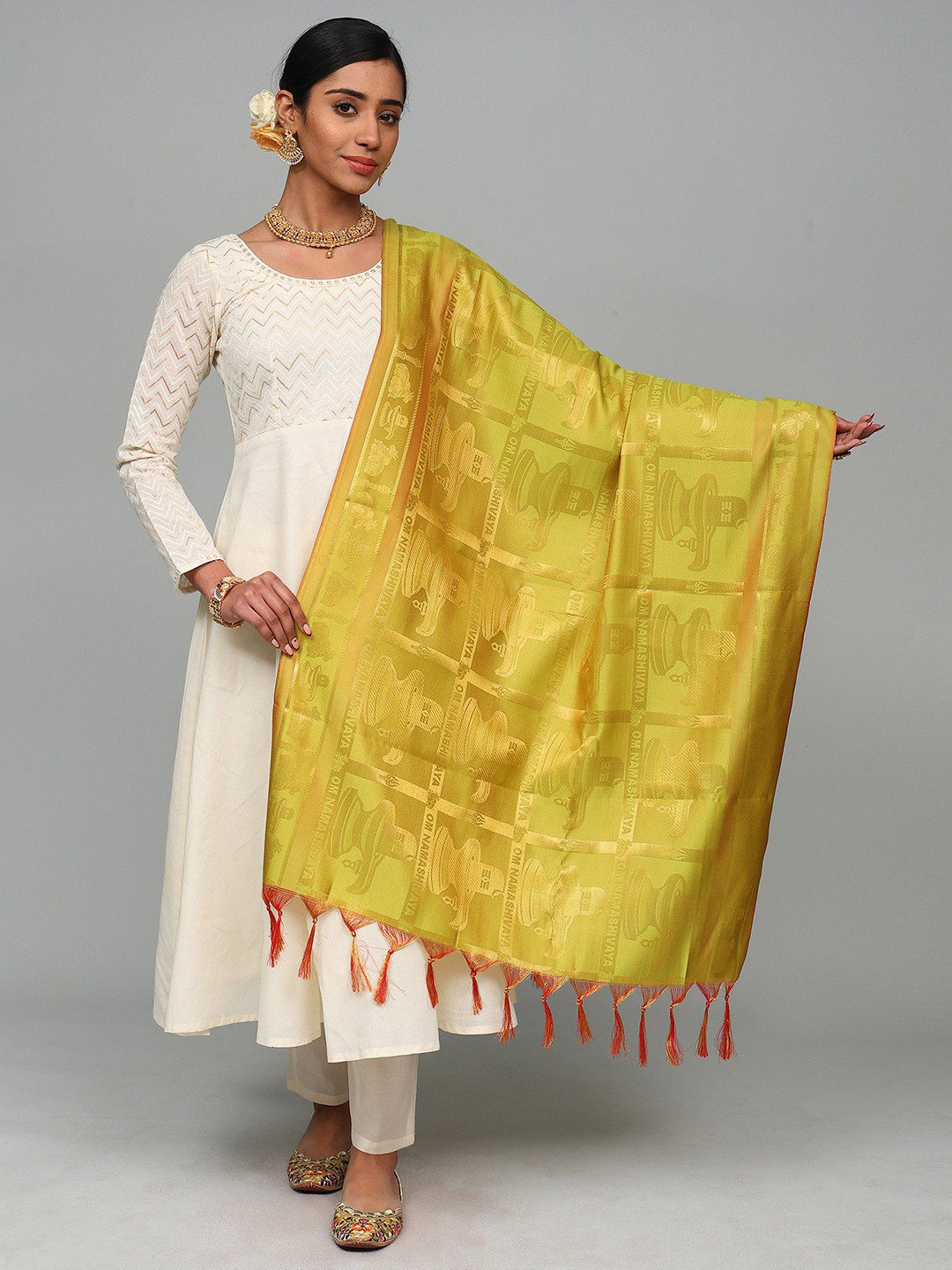 Exotic India Brocaded Shiv Ling Prayer Shawl with Woven Om Namah Shivay Mantra And Nandi