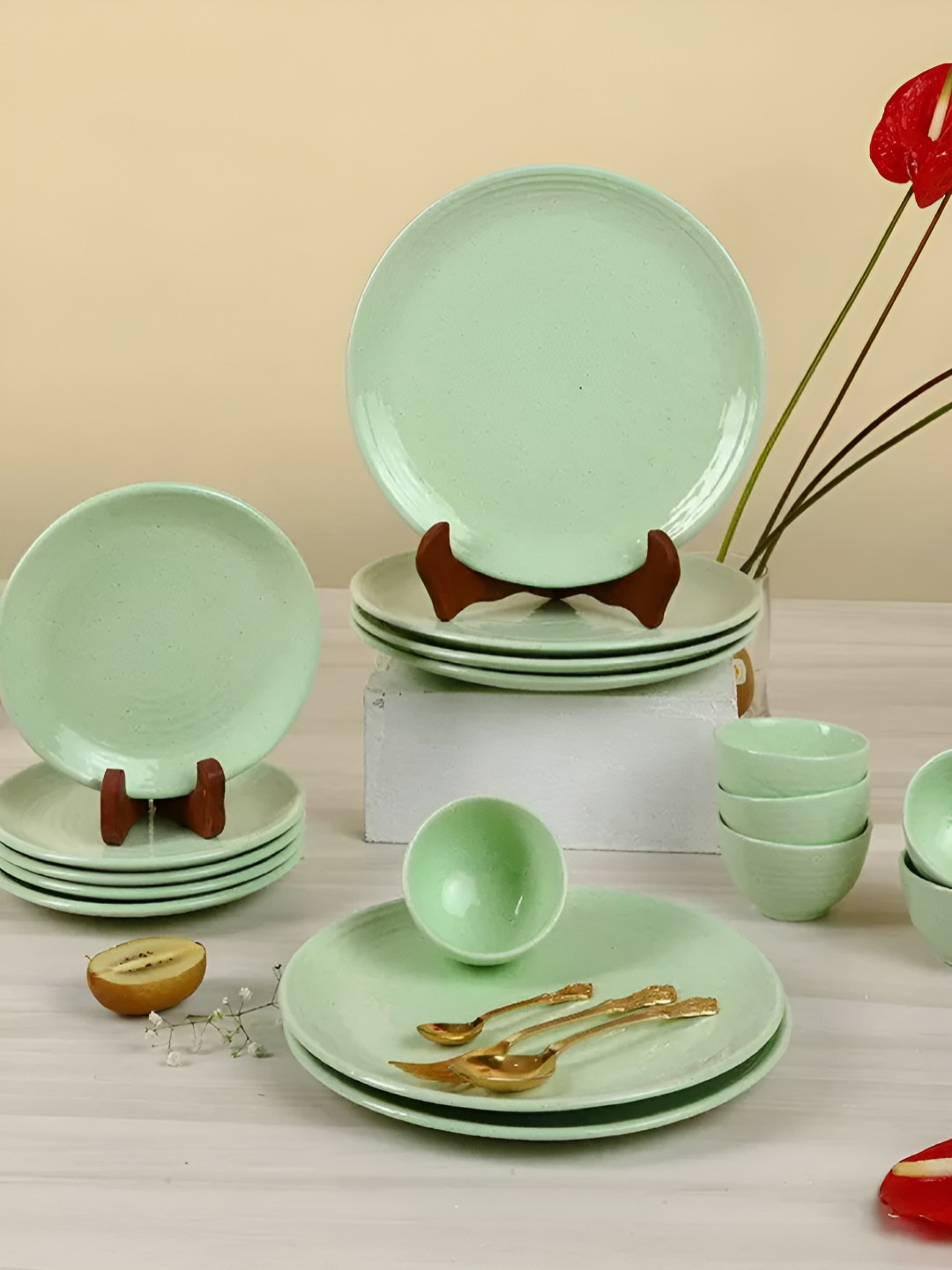 AMALAFIEE CERAMICS Lemongrass Special Green Solid Ceramic Dishwasher and Microwave Safe 12 Piece Dinner Set