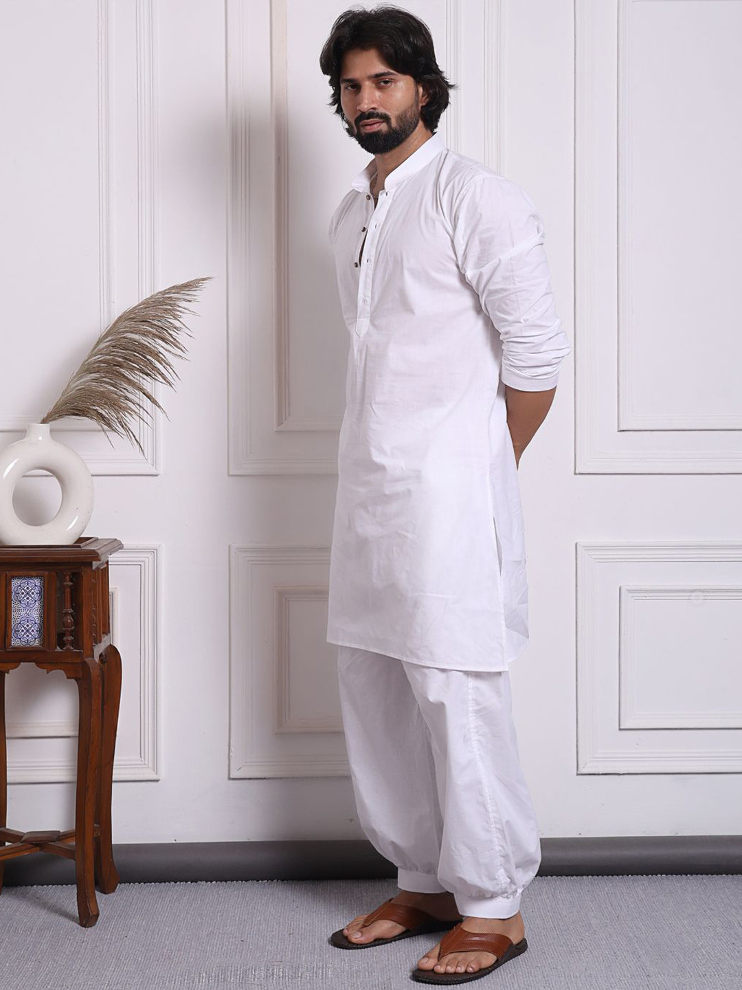 MIDAV Men Thread Work White Romance Pathani Kurta