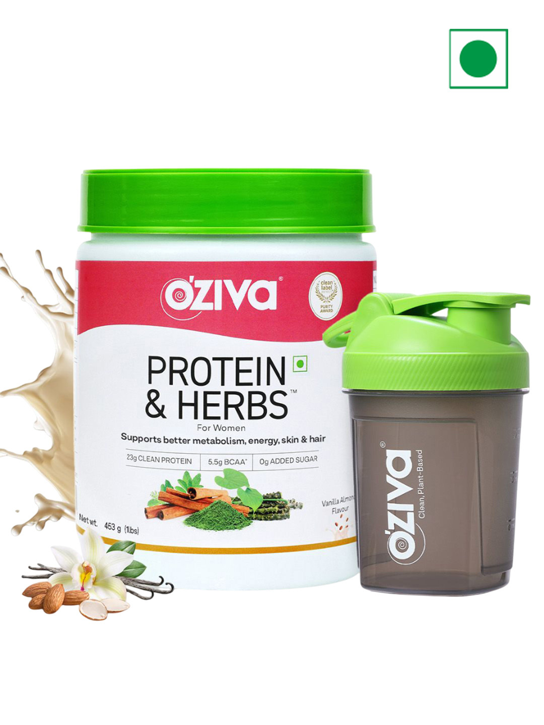 OZiva Women Protein & Herbs  Supplement - 435 g- Vanilla Almond With Free Shaker