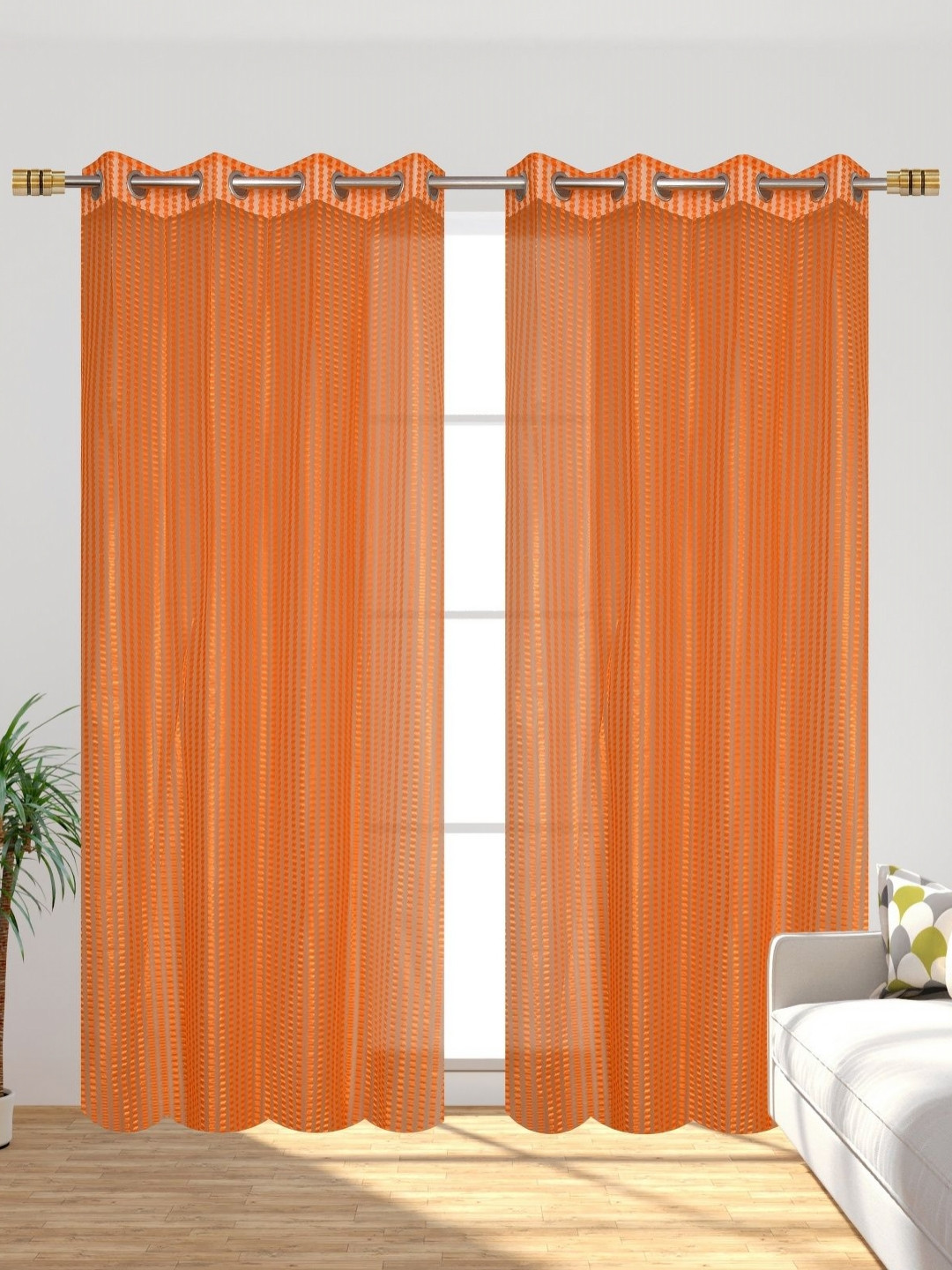 Galaxy Home Decor Orange 2 Pieces Striped Transparent Net Long Door Curtains