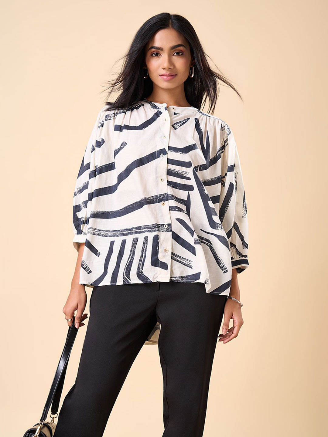 Marigold Lane Geometric Mandarin Collar Kimono Sleeve Cotton Boxy Top