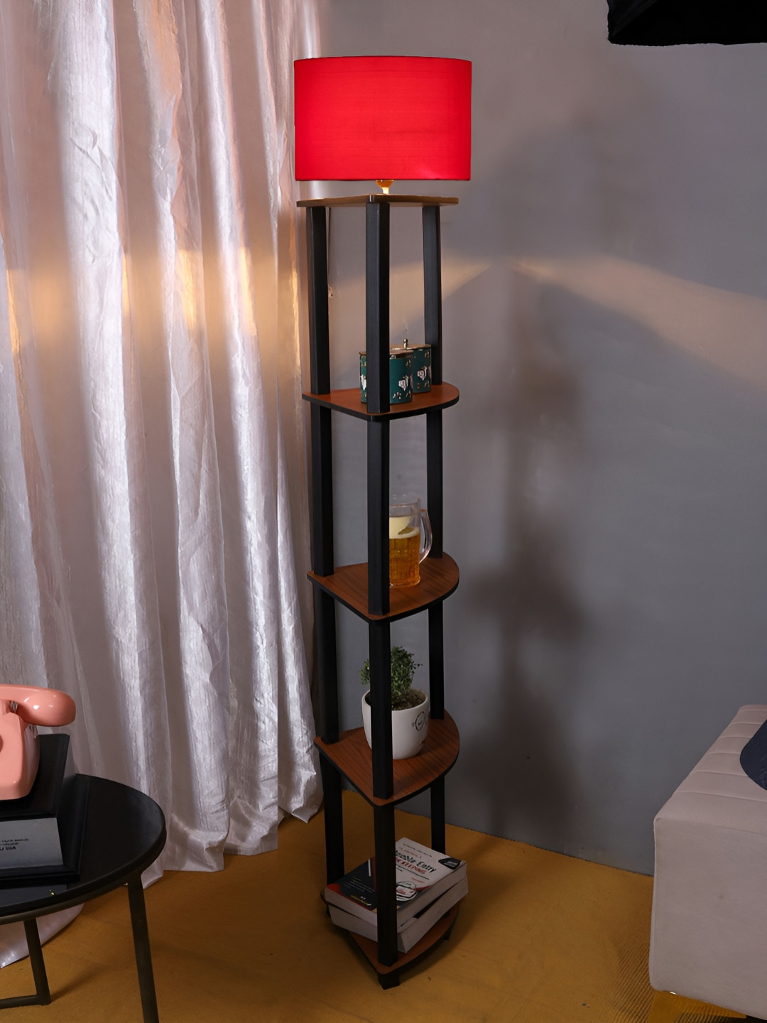 Devansh Black & Red Textured Cotton Drum Wooden Shelf Floor Lamp
