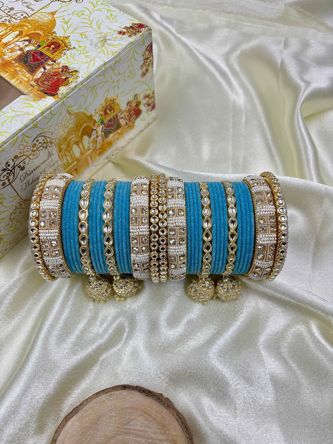 Wedding Chuda by Hitesh Set of 2 Royal Sky Blue  Studded Golden Bangles
