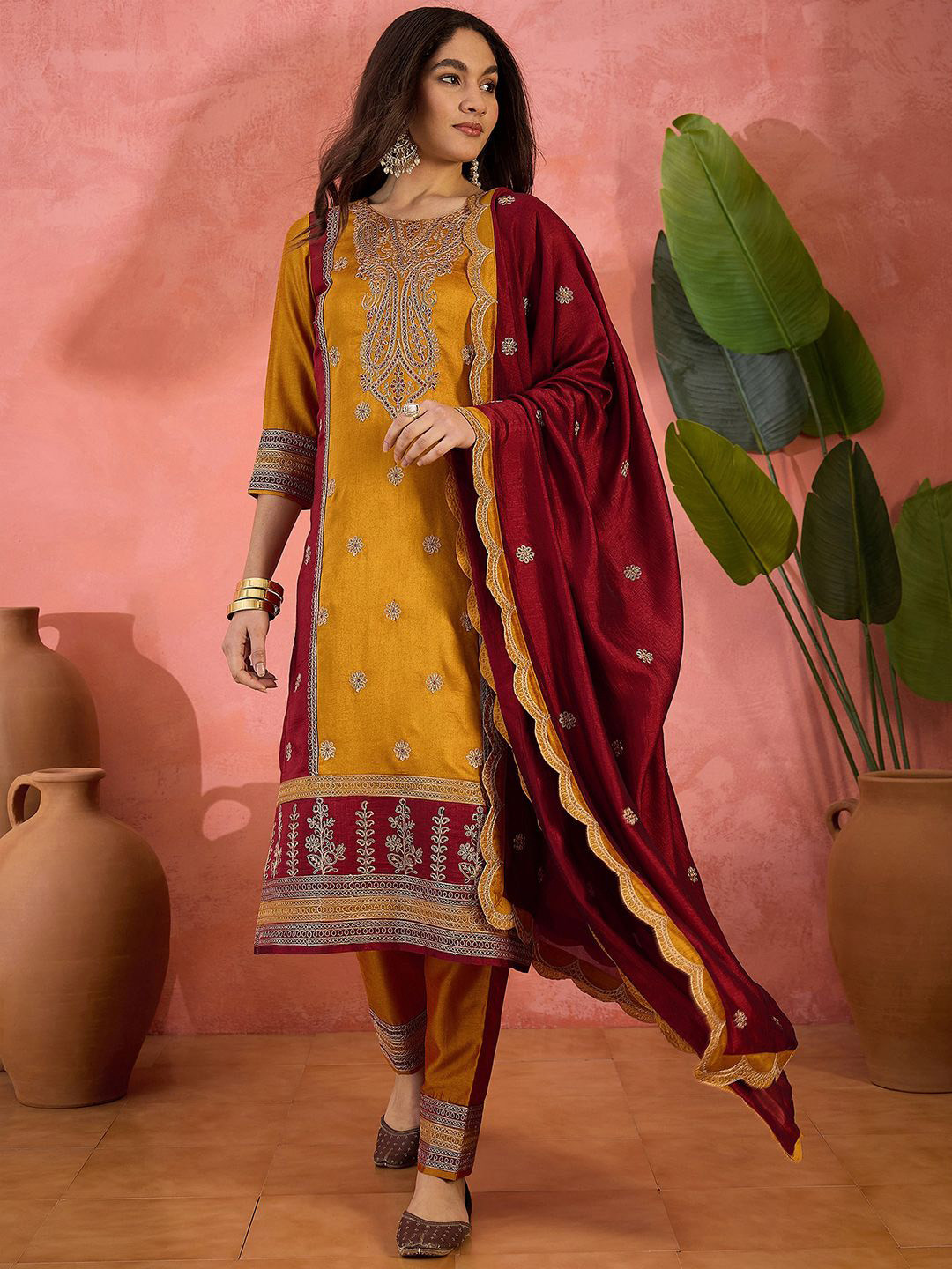 Sangria Vichitra Zari Sequence Embroidered Kurta With Trousers & Dupatta