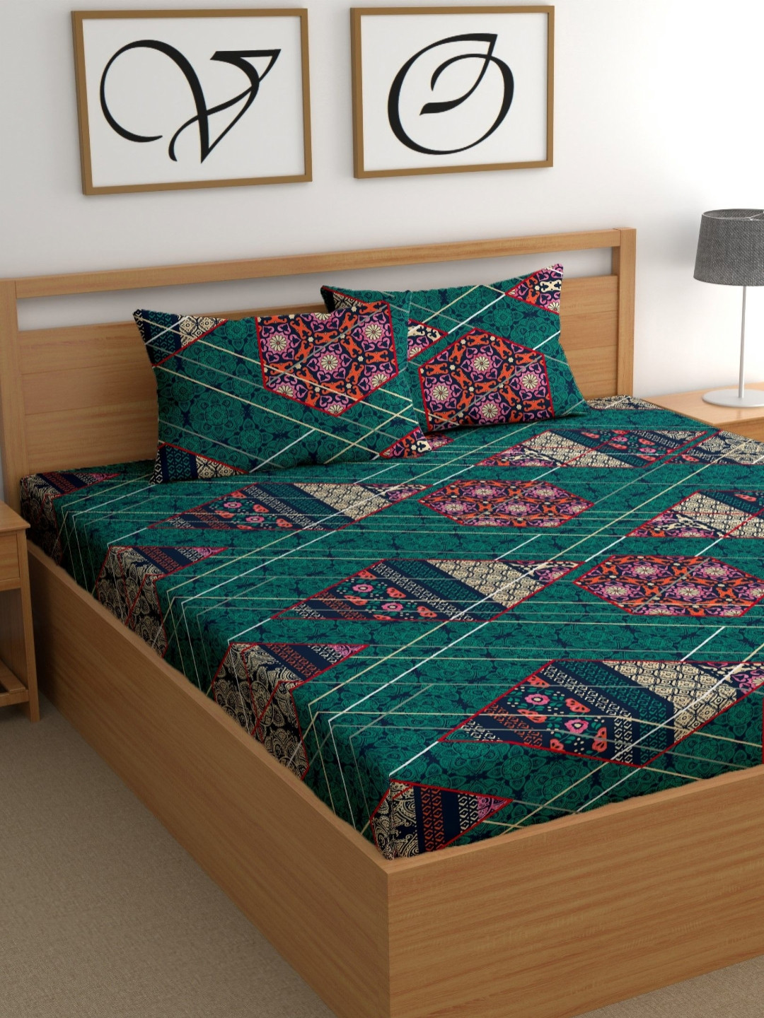 CG HOMES Green Ethnic Motifs Microfiber 210 TC Fitted King Fine Bedsheet with 2 Pillow Covers-78 x 72 inches