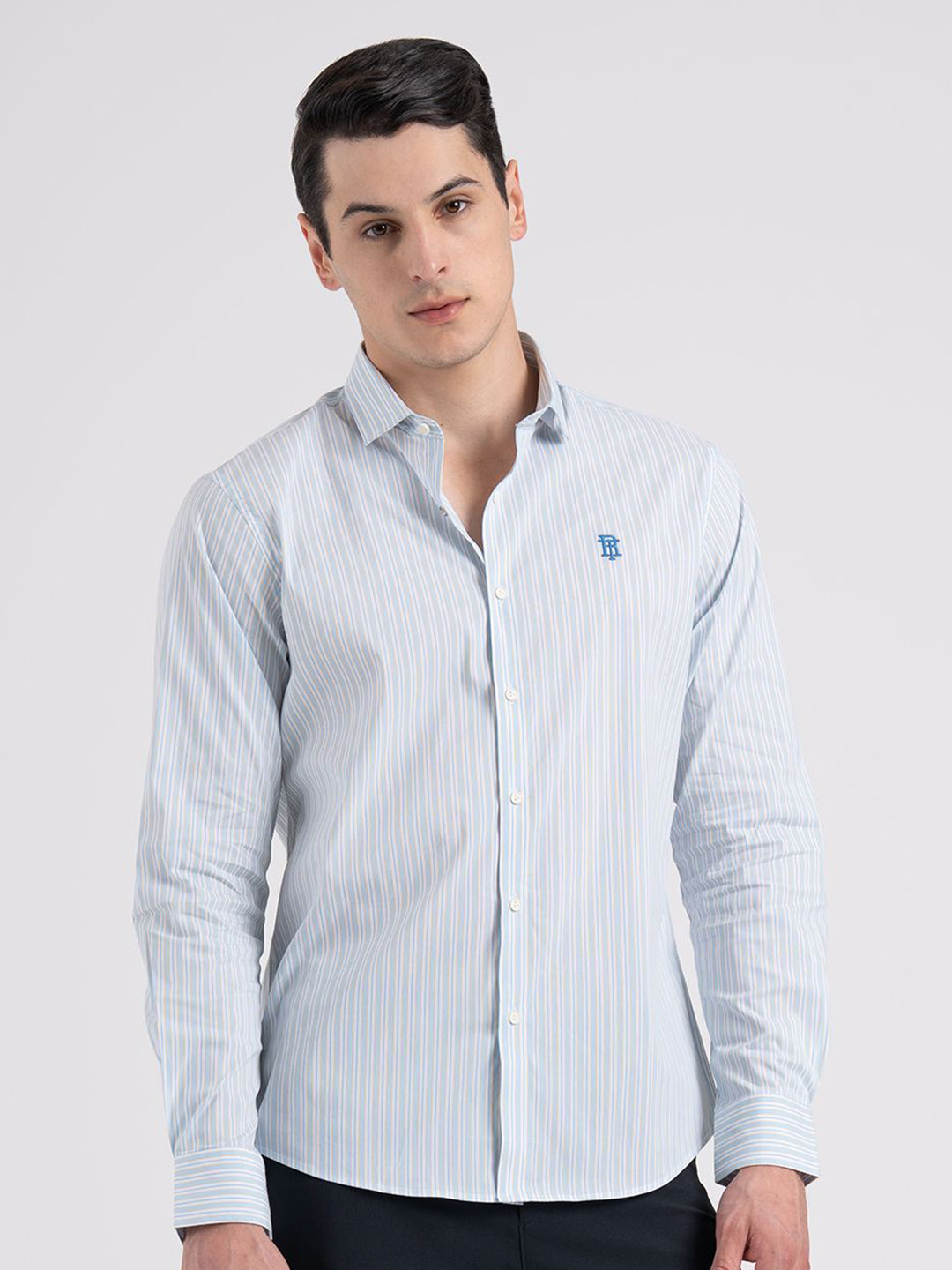 Red Tape Men Stripe Stretched Loose Fit Spread Collar Shirt