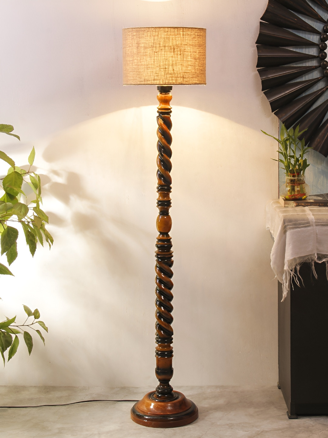 Devansh Brown & Beige Cylindical Shaped Wooden Floor Lamp