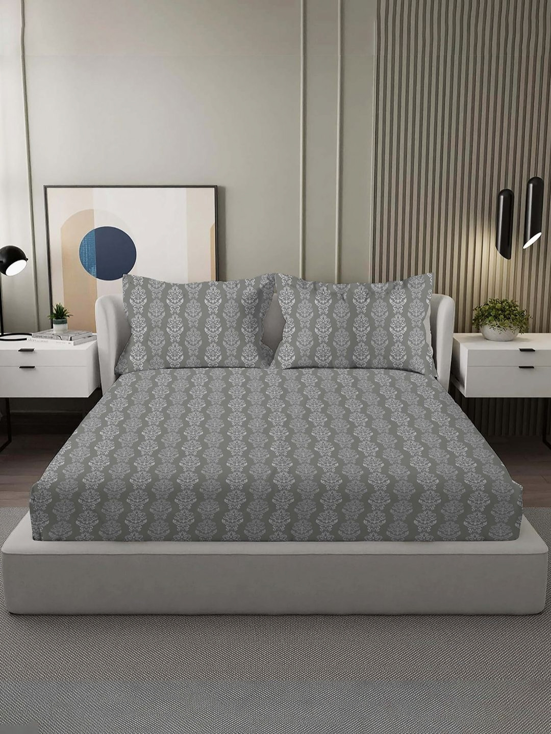 VINTANA Imperial Charcoal Ethnic Motifs Cotton 300 TC King Fine Bedsheet with 2 Pillow Covers-108 x 108 inches