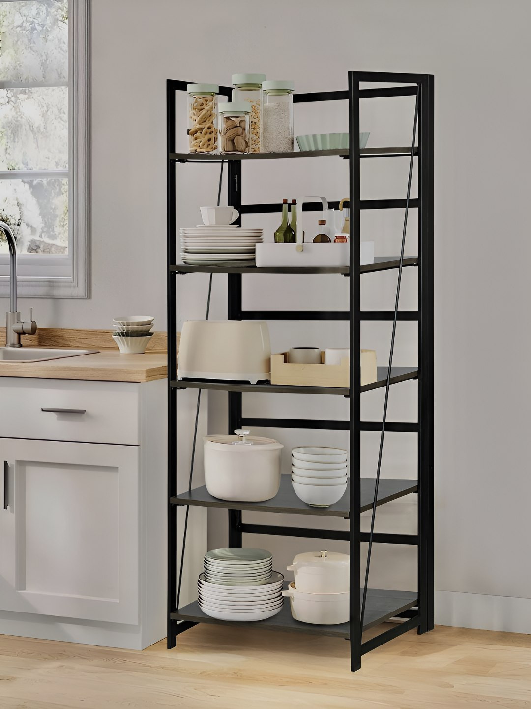 ARLAVYA Grey & Black Engineered Wood and Powder Coated 5-Tier Foldable Rack