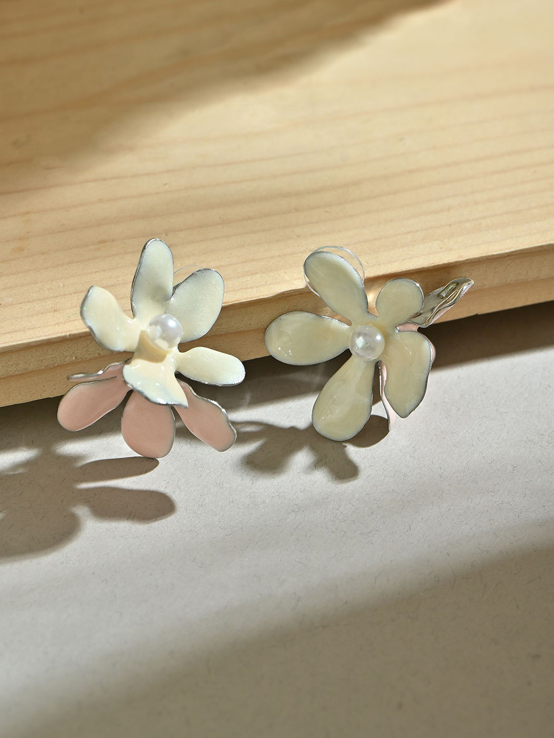ToniQ White & Beige Party Twin Floral Drop Earrings