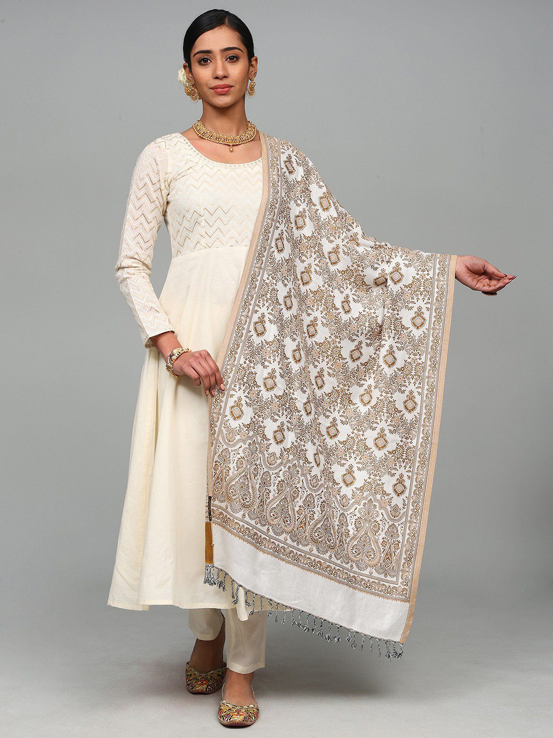 Exotic India Reversible Jamawar Stole From Punjab with Woven Flowers And Paisleys
