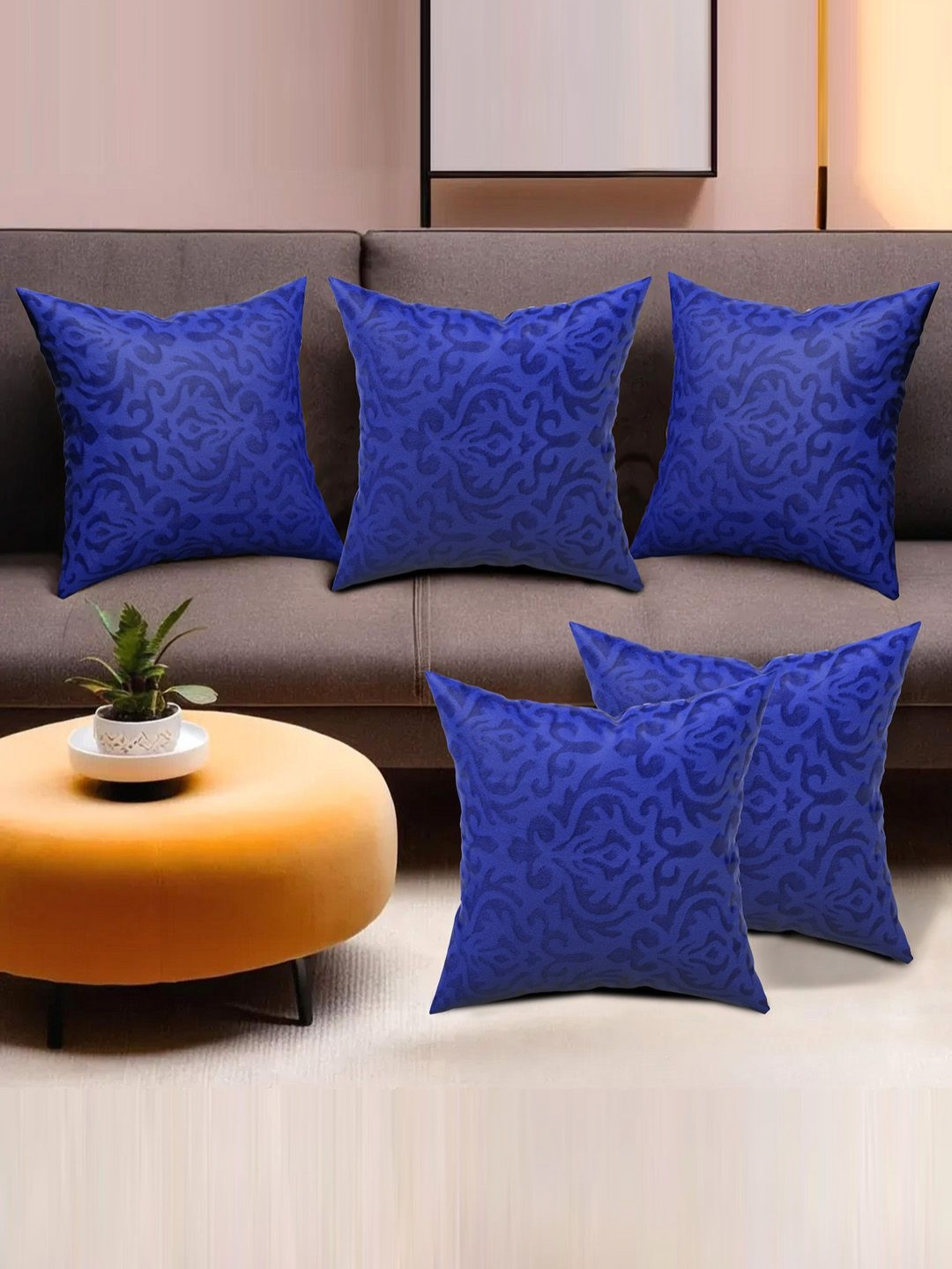 Aura Blue 5 Pcs 16x16 Inche Washable & Removable Velvet Sofa Square Cushion Cover