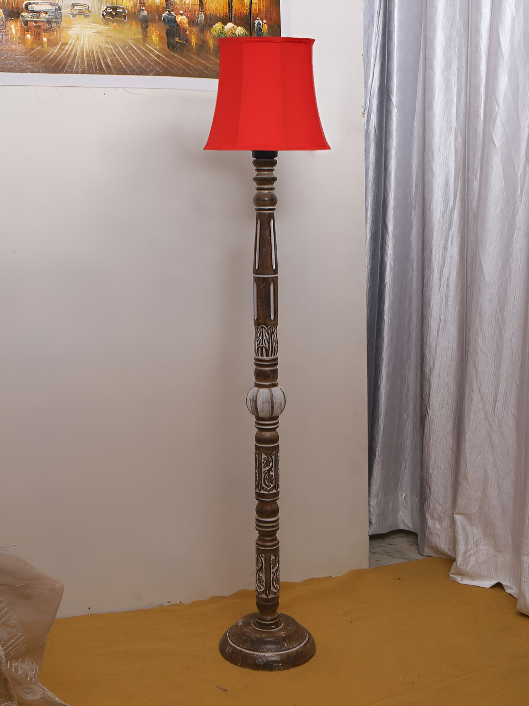 Devansh Red & Brown Conical Open Snake Wooden Floor Lamp