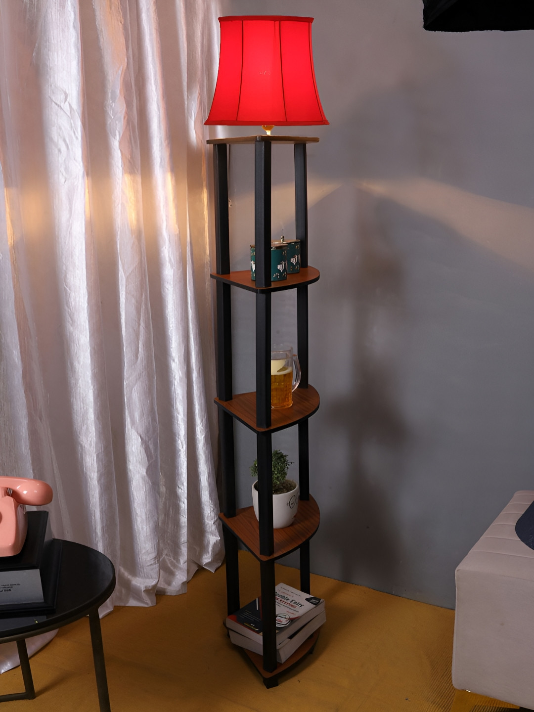Devansh Red & Brown Frustum Shaped Wooden Shelf Floor Lamp