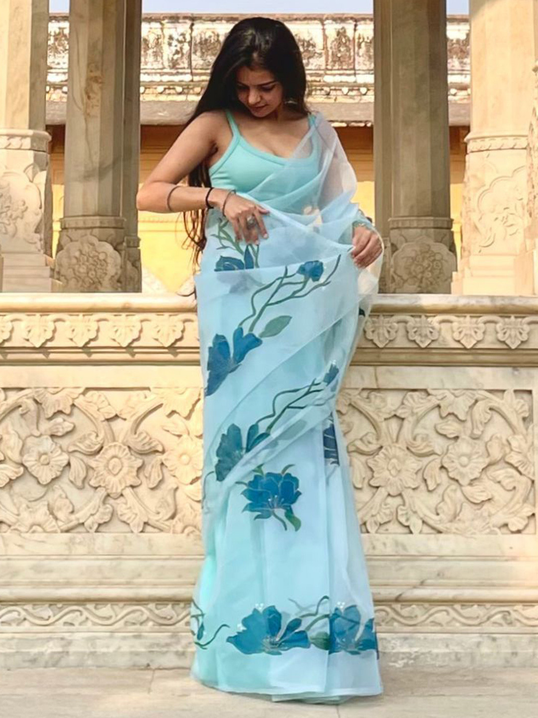 Noor by Hansa Teal Blue Hand-Painted Organza Silk Saree