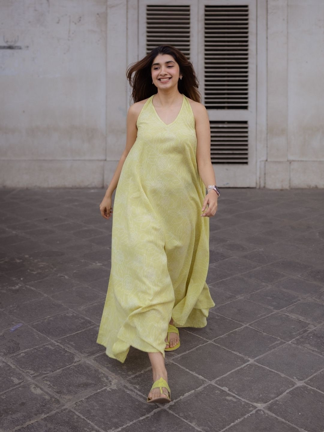 THE INDIAN ETHNIC CO Lime Green A-Line Slub Cotton Dress