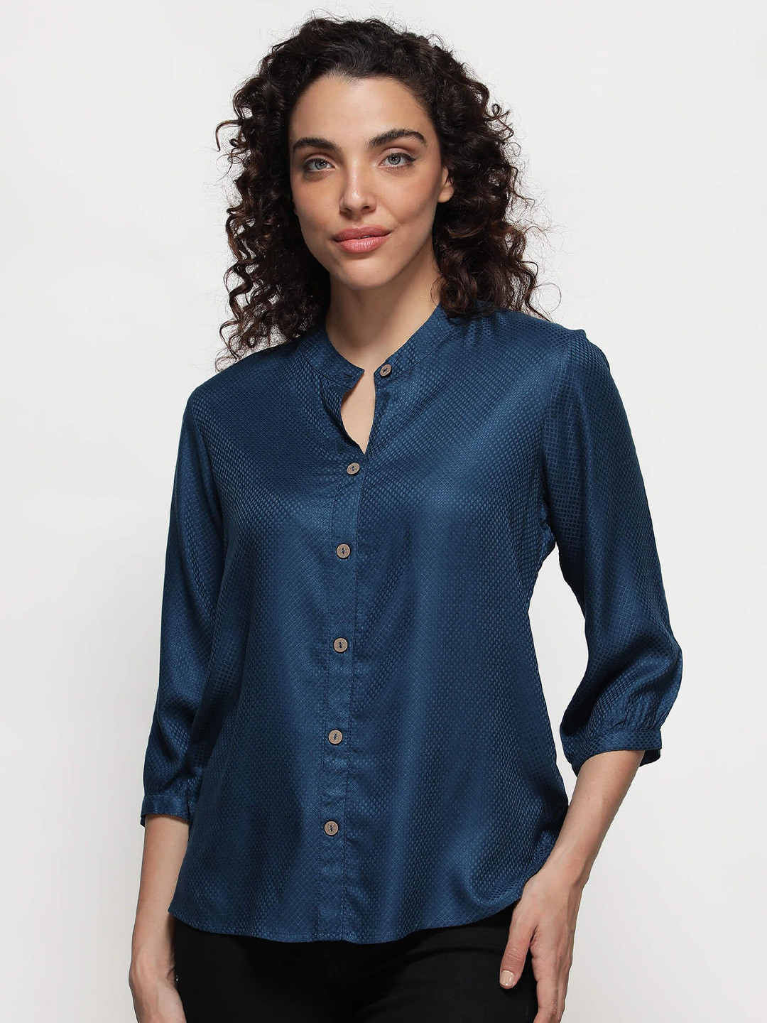 IDK Self Design Band Collar Bishop Sleeves Shirt Style Top