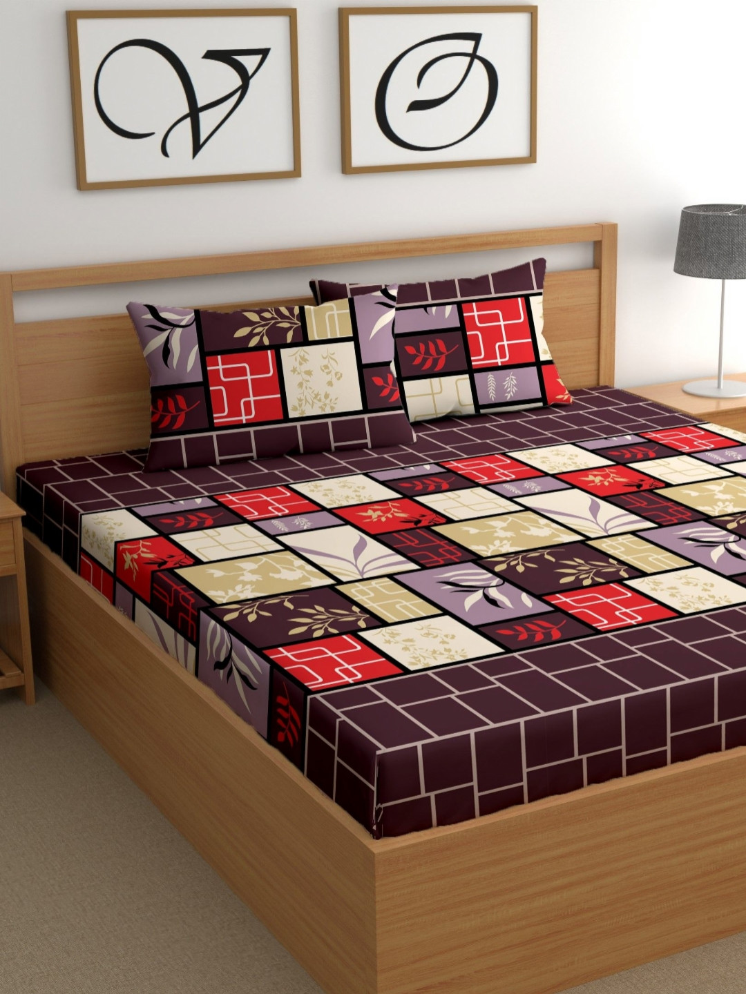 CG HOMES Purple Abstract Microfiber 210 TC Fitted King Fine Bedsheet with 2 Pillow Covers-98 x 89 inches