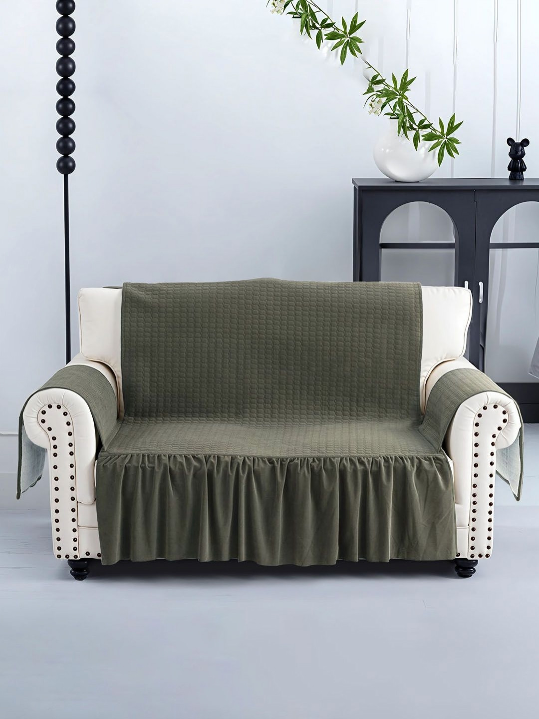 Aura Green Velvet 1 Piece 2 Seater Soft Velvet Full Sofa Cover with Pocket Arms