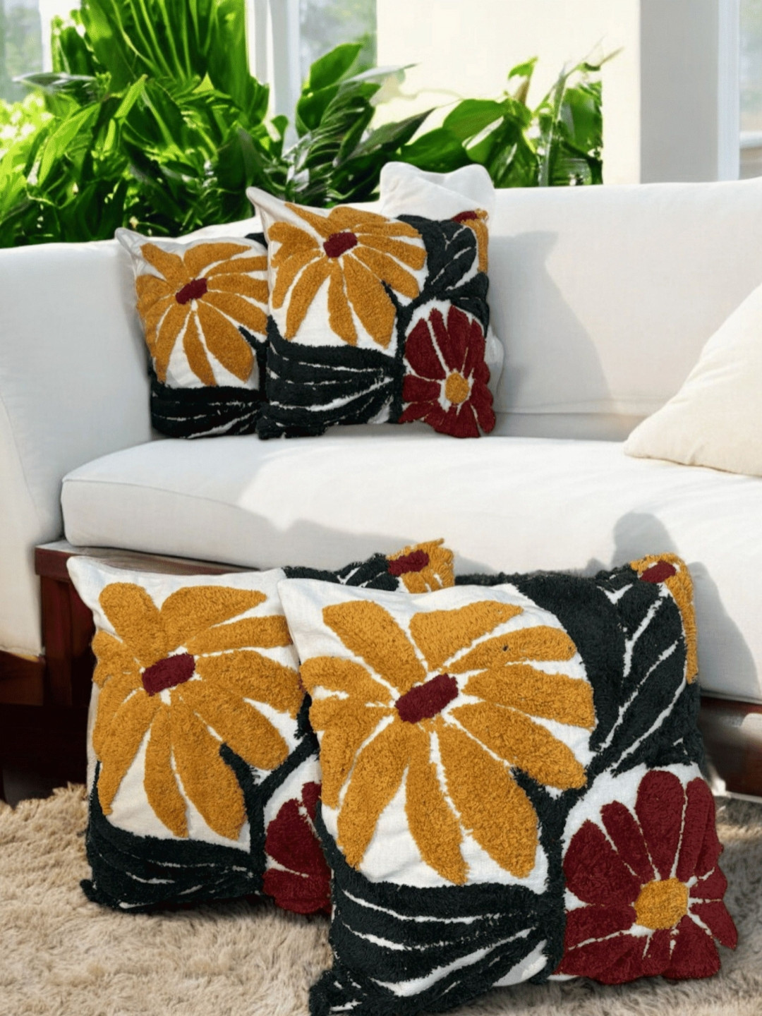 LUSHLYF Burst Tufted Floral Cotton 4 Pcs Embroidered Cushion Covers - 17.7 x 17.7 In