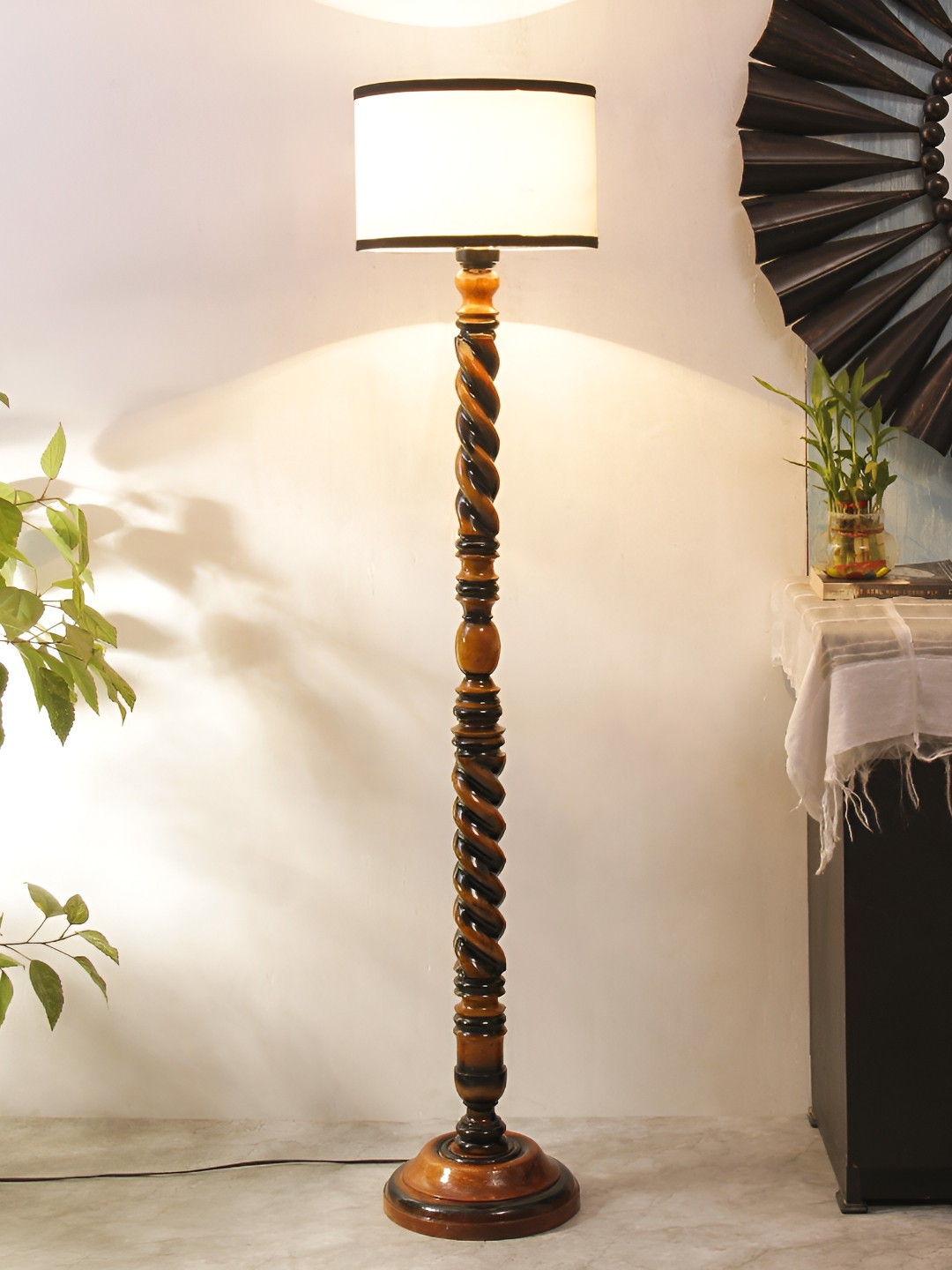 Devansh Black & White Textured Cotton Drum Open Snake Wooden Floor Lamp