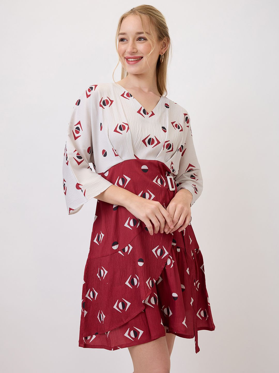 Amarasha Print Bell Sleeve Crepe Fit & Flare Dress
