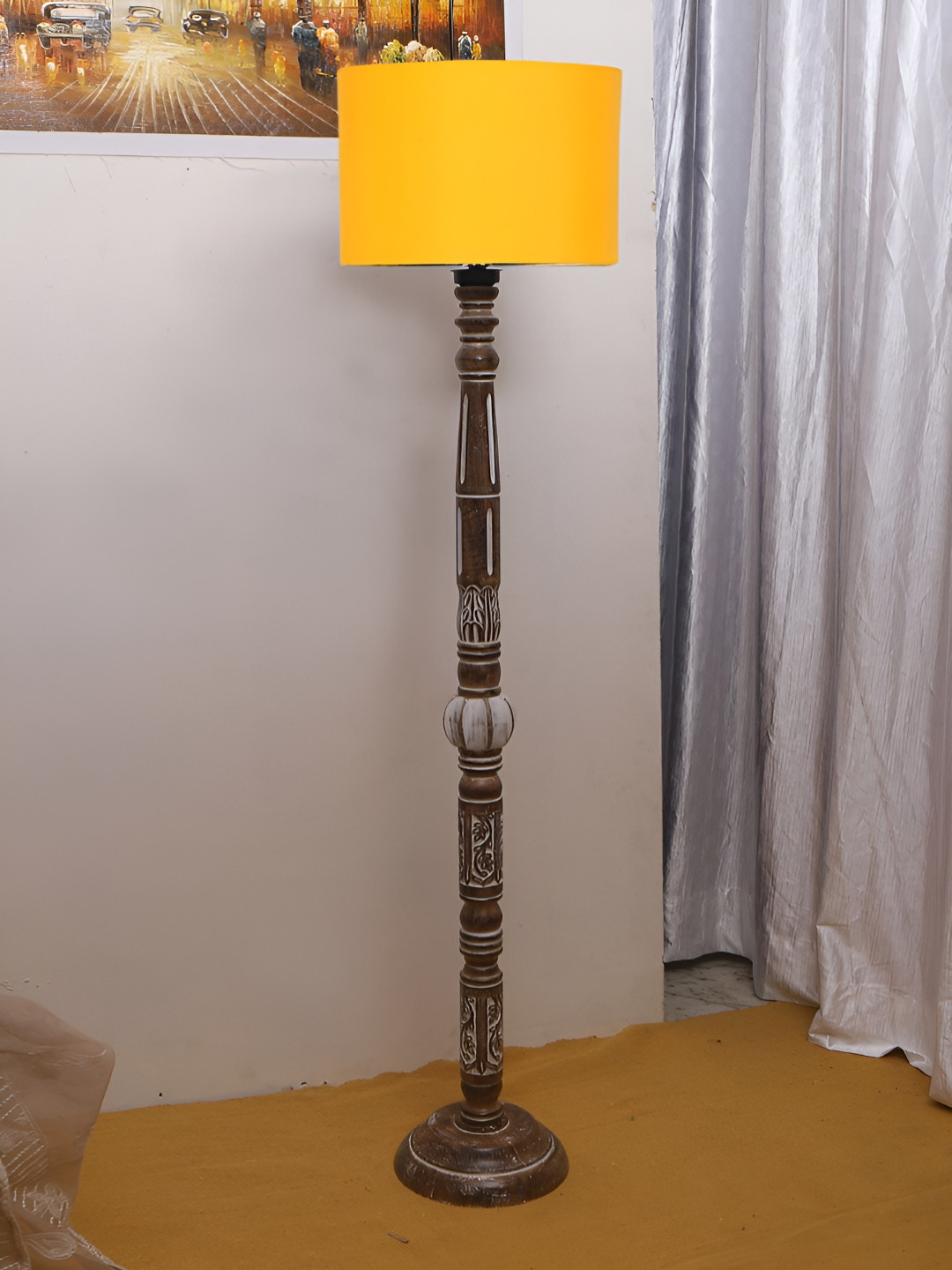 Devansh Yellow Drum Wooden Floor Lamp
