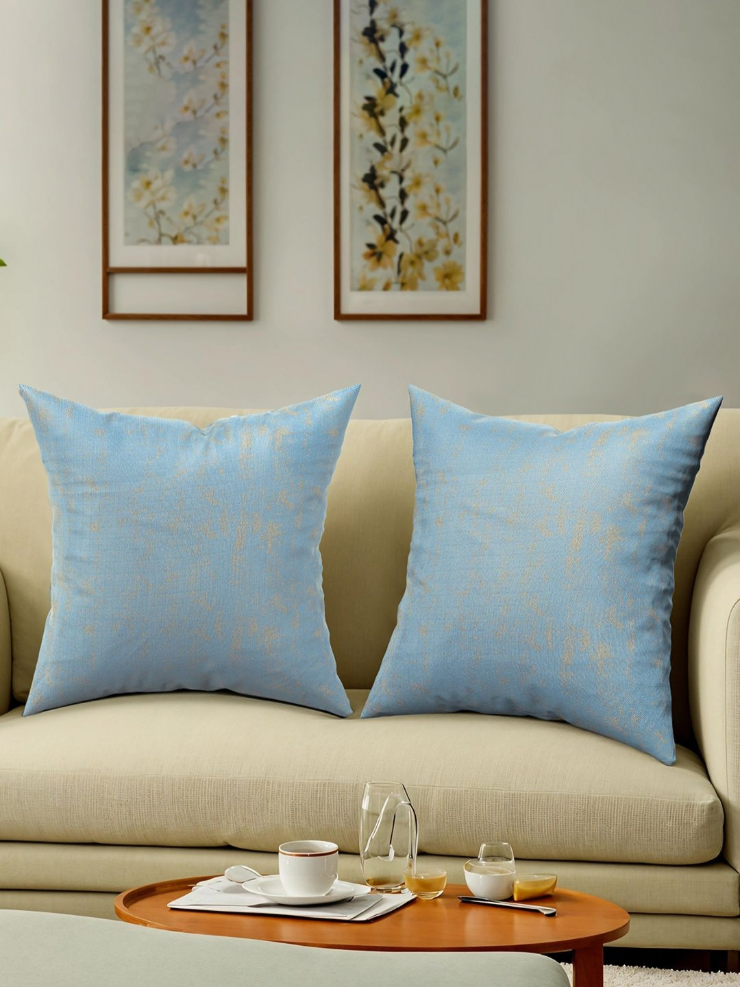 Aura Blue 2 Pcs 24x24 Inches Washable & Removable Sofa Square Cushion Cover