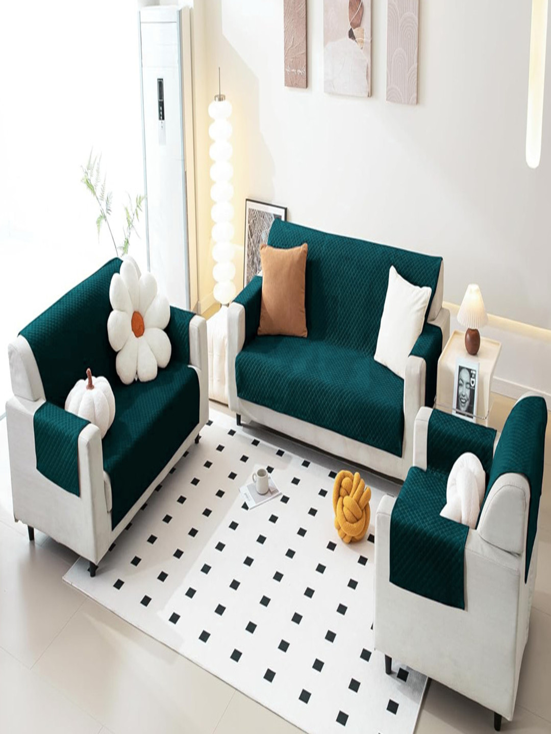 Fashion Throw Teal Checked Velvet 3 Piece Sofa Cover With Arms