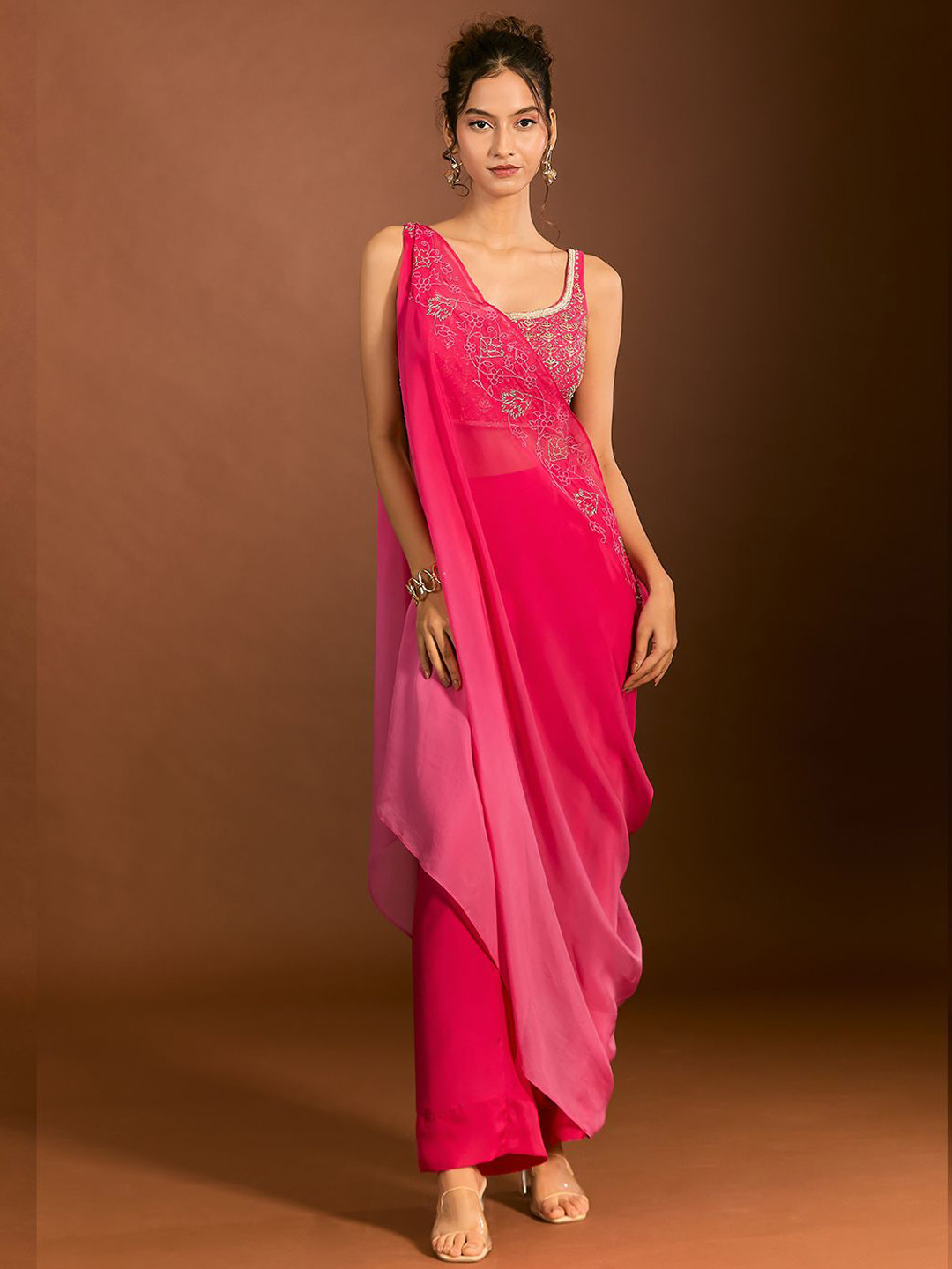 Mystake By Meghna Shah Embroidered Top & Trousers With Draped Dupatta Co-Ords