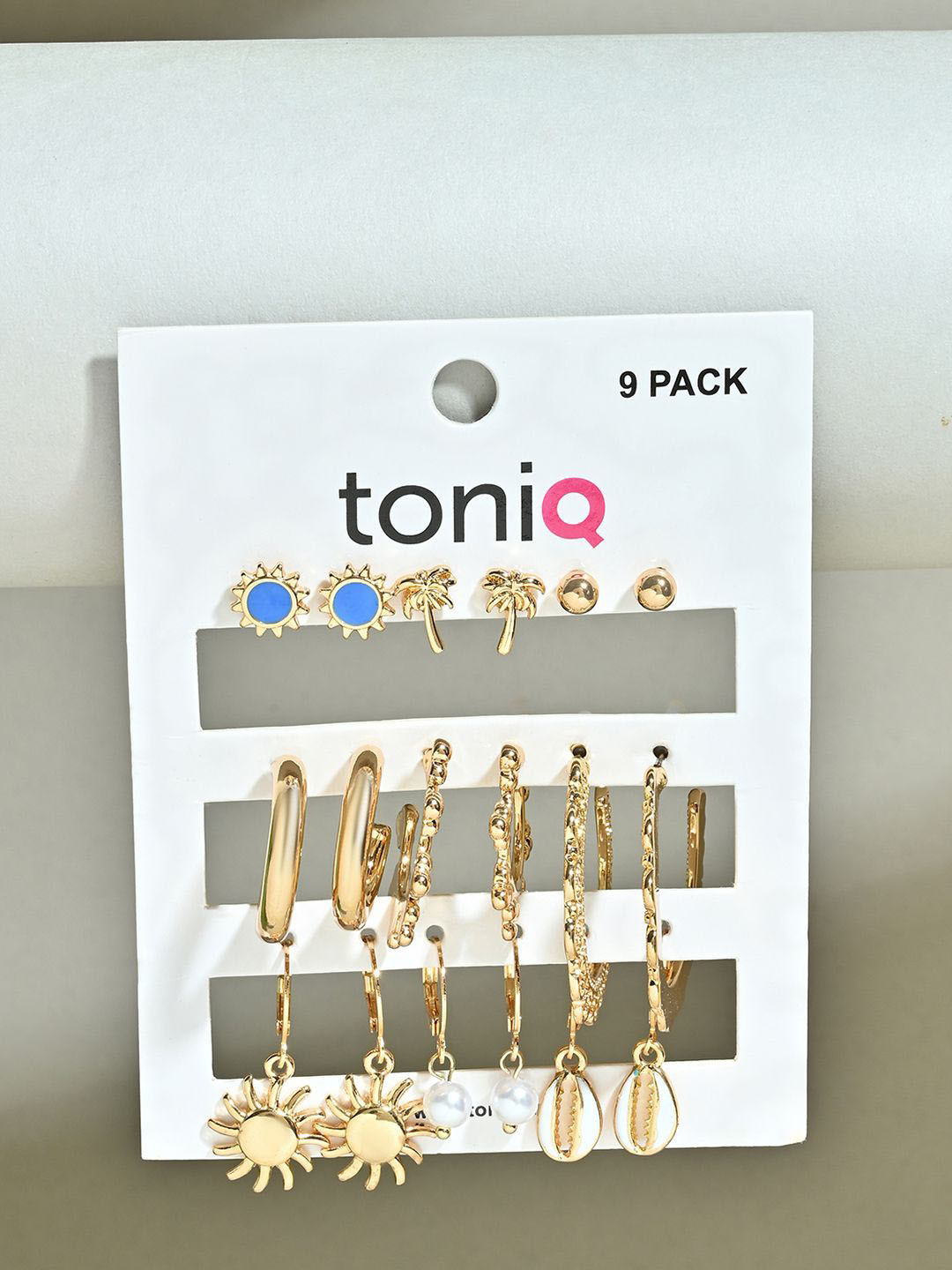 ToniQ Set of 9 Gold Multicolor Pearl Sun Tree Floral Studs Drop & Hoops Earrings