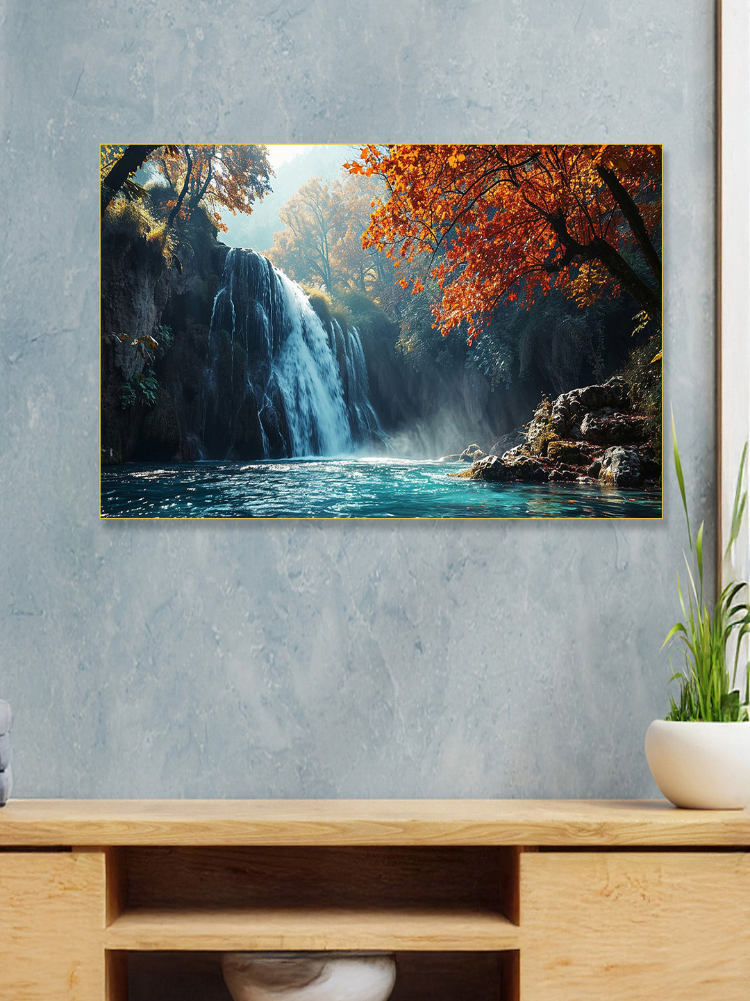 nestroots Blue & Orange Colored Waterfalls Printed Canvas Wall Painting