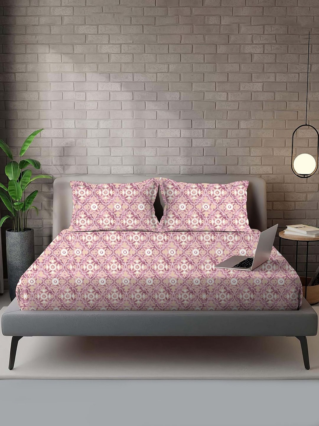 VINTANA Imperial Pink Ethnic Motifs Cotton 210 TC Queen Fine Bedsheet with 2 Pillow Covers-90 x 100 inches