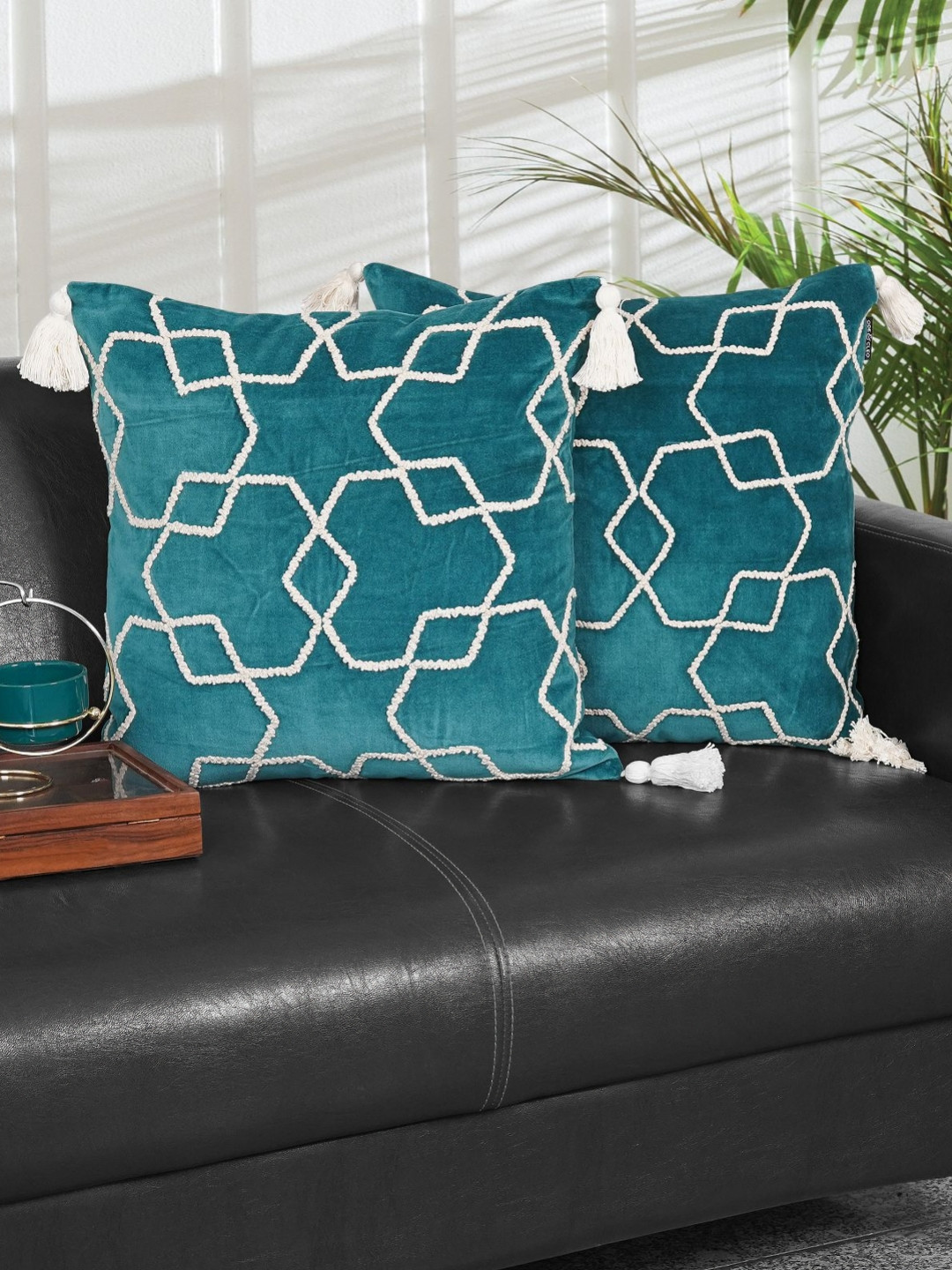Ode & Cleo Turquoise Blue & White Set of 2 Abstract Square Cushion Covers