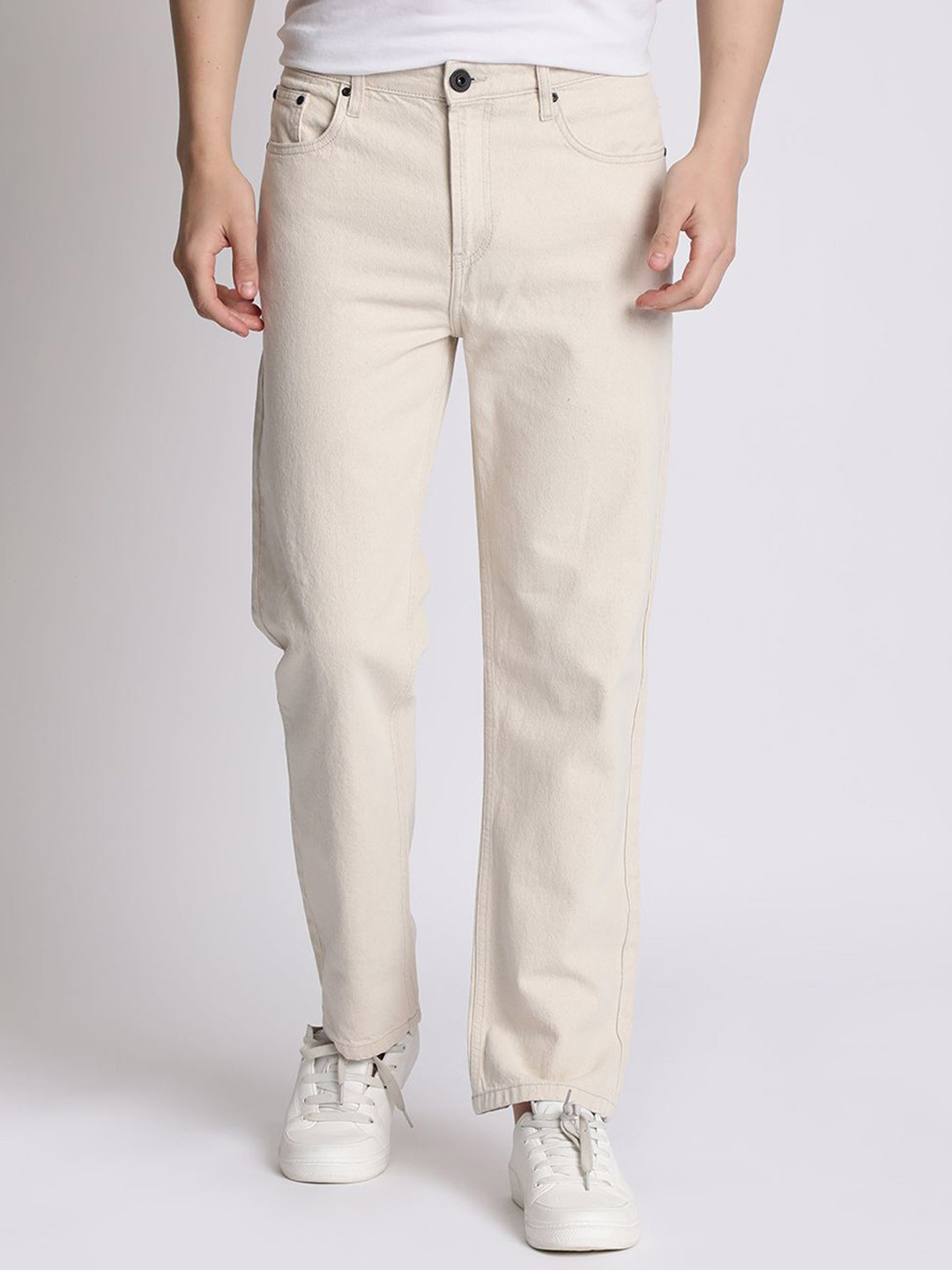 The Roadster Lifestyle Co Men Cotton Ecru Straight Fit Jeans