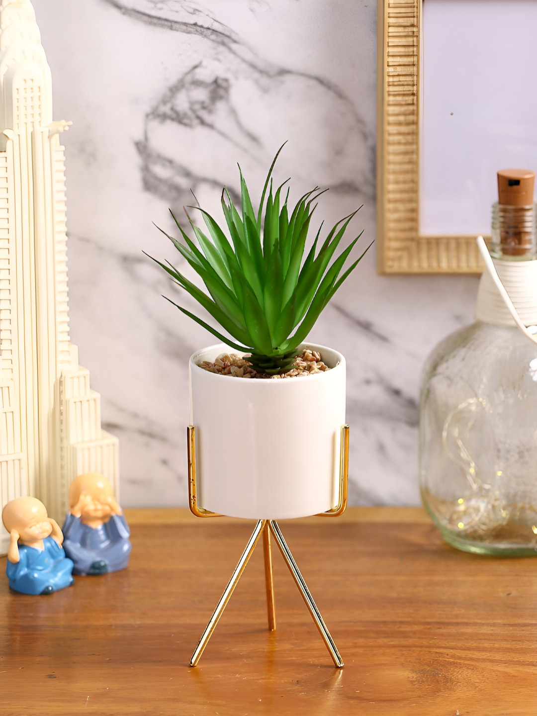 EarthCraft Green & White Succulent Artificial Plant With Tripod Stand