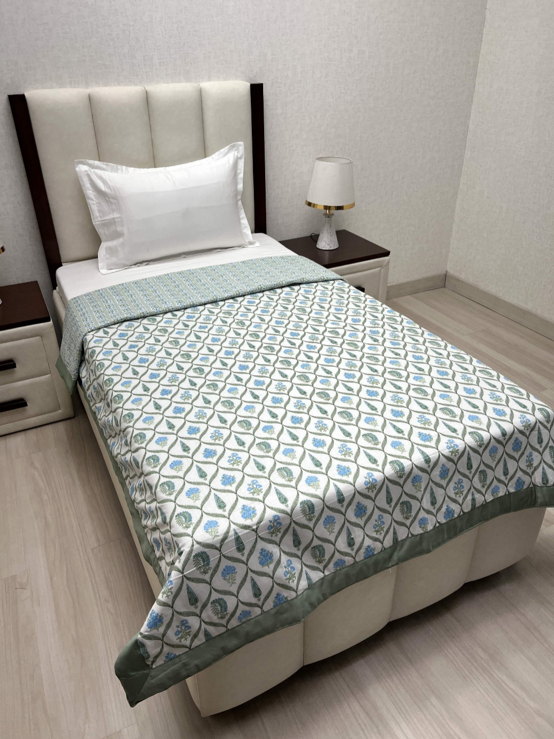 Pure Decor Sole Silken White & Green Floral Printed Cotton 180GSM AC Room Single Bed Dohar