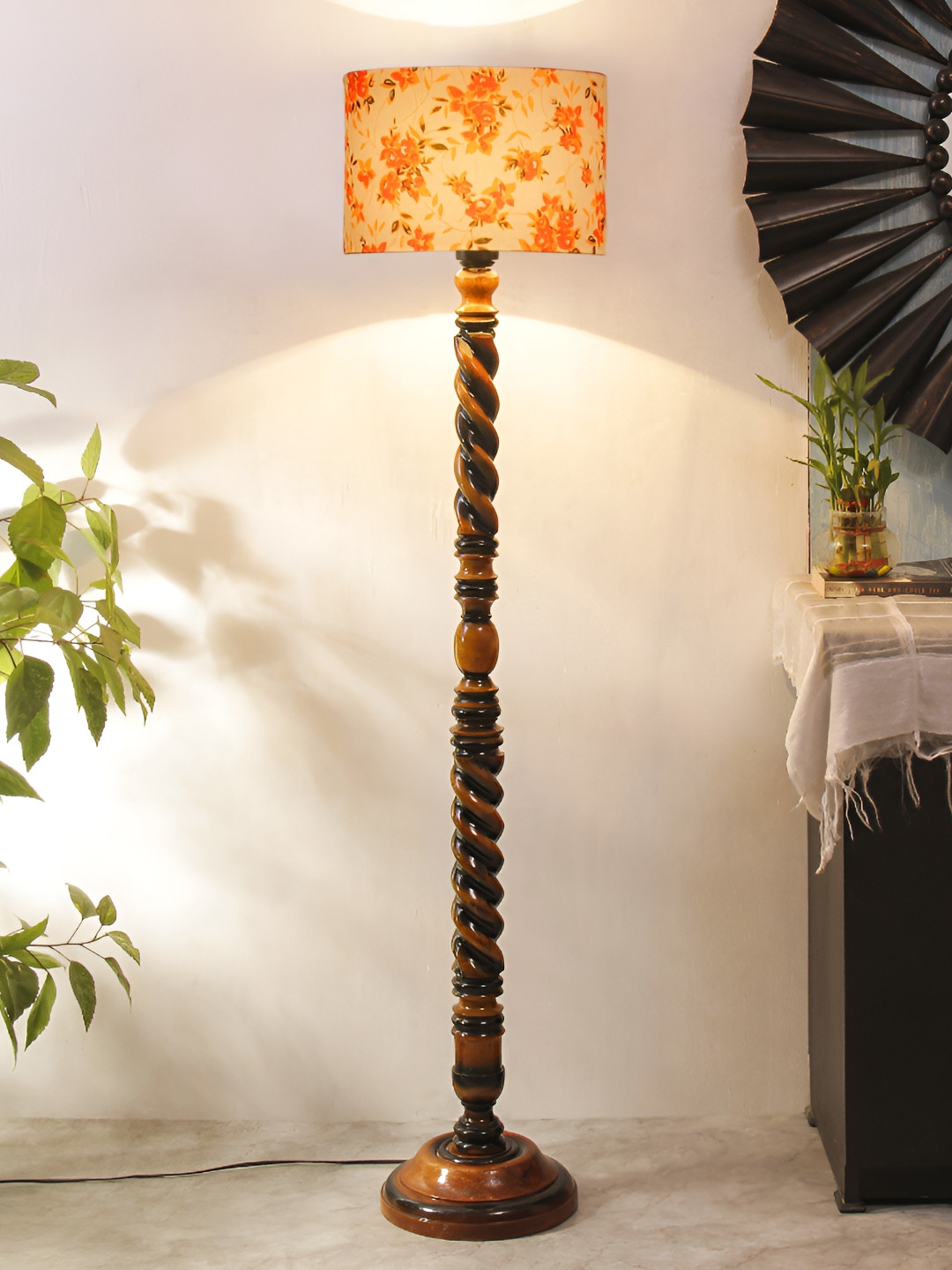 Devansh Brown & White Floral Printed Cotton Drum Open Snake Wooden Floor Lamp