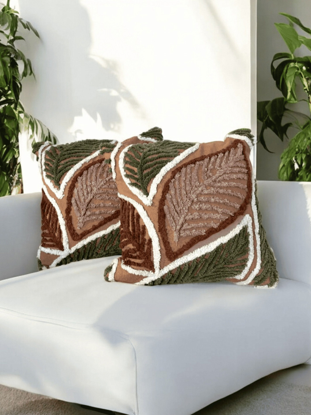 LUSHLYF Autumn Fern Tufted Embroidered Cotton 4 Pcs Square Cushion Covers - 17.7 x 17.7 In