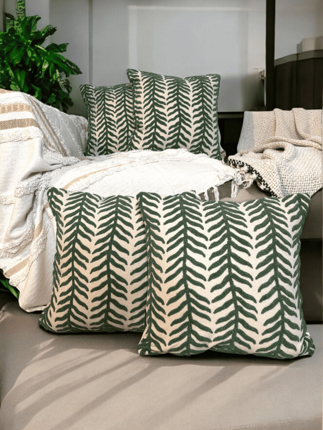 LUSHLYF Tufted Cotton Breathable 4 Pcs Embroidered Cushion Covers - 17.7 x 17.7 Inches