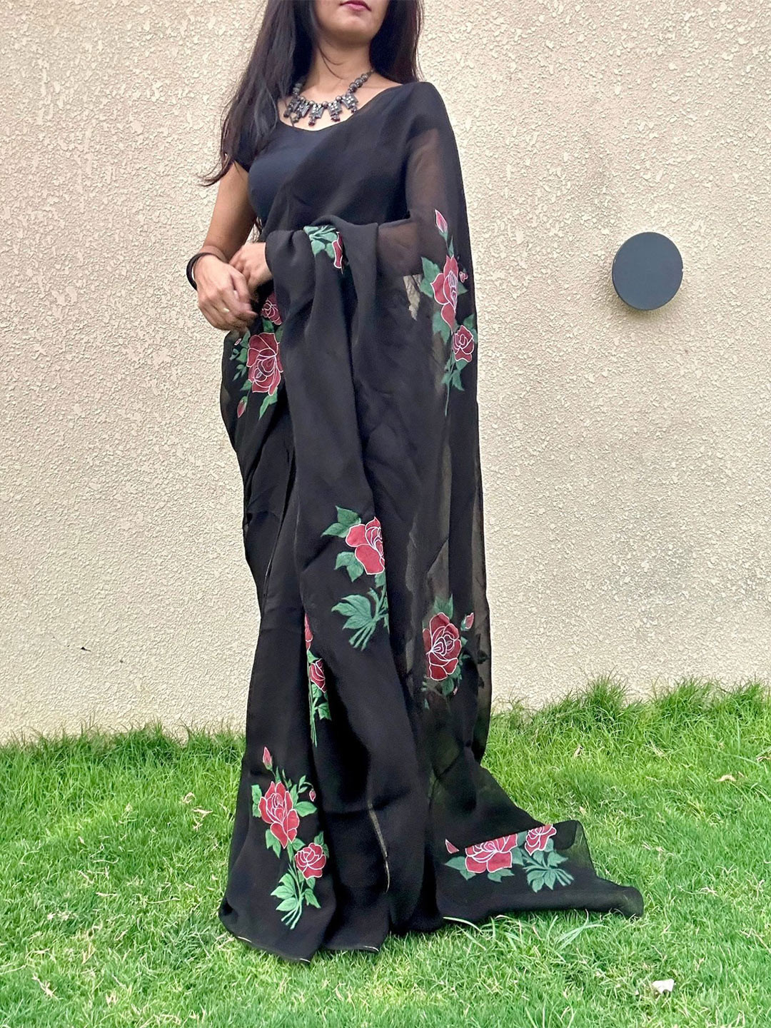 Noor by Hansa Black Hand-Painted Organza Silk Saree