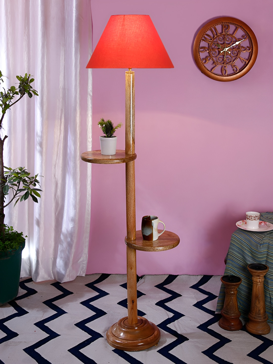 Devansh Orange And Brown Frustum Shaped Wooden Floor Lamp With Shelves