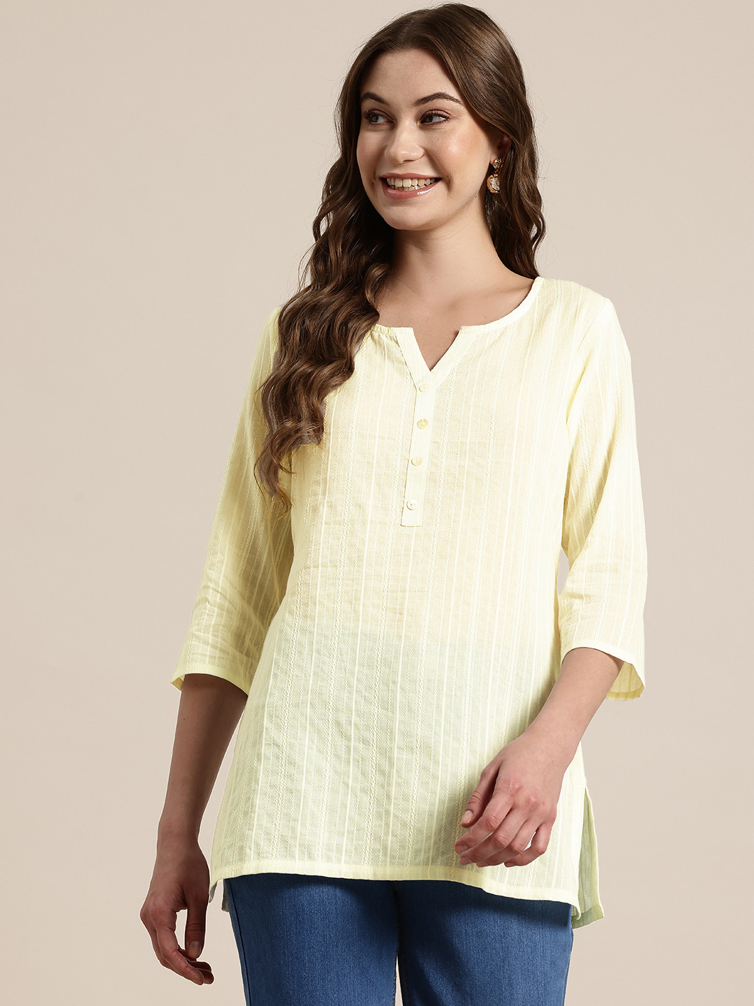 HERE&NOW Geometric Self Design Pure Cotton Short Kurti