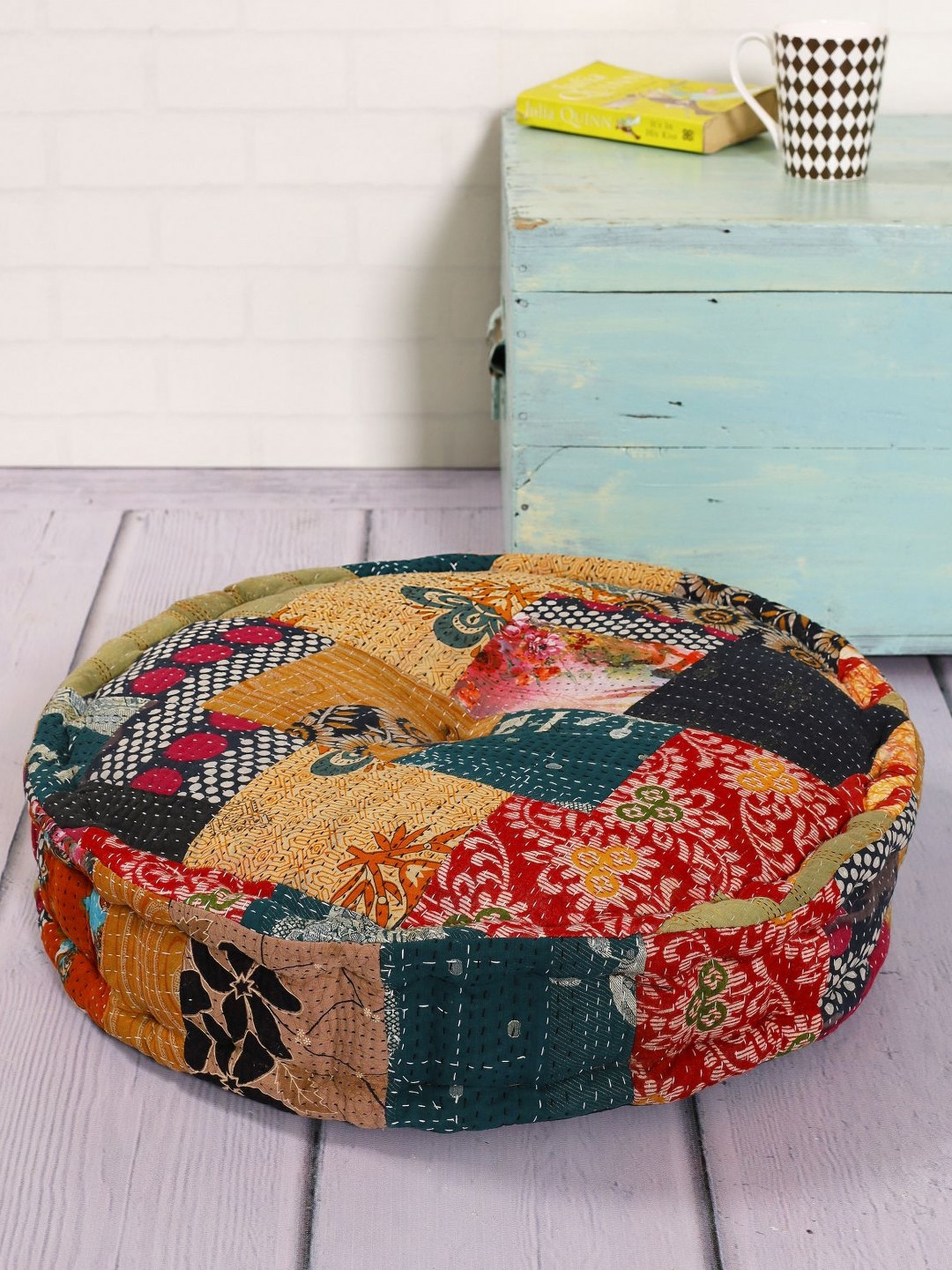 HANDICRAFT PALACE Green & Red Printed Round Pure Cotton Floor Cushion