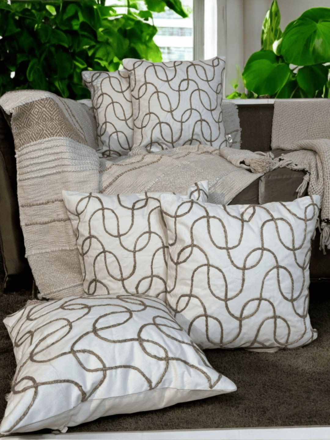 LUSHLYF Rope Twist White Abstract Cotton Breathable 5 Piece Square Cushion Covers -18x18In