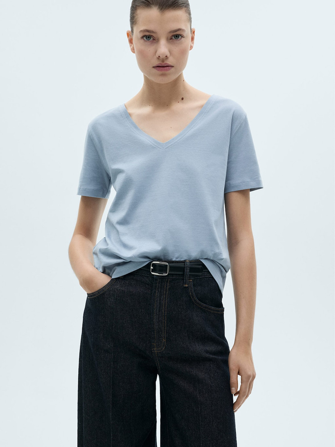MANGO Pure Cotton V-Neck Longline T-shirt