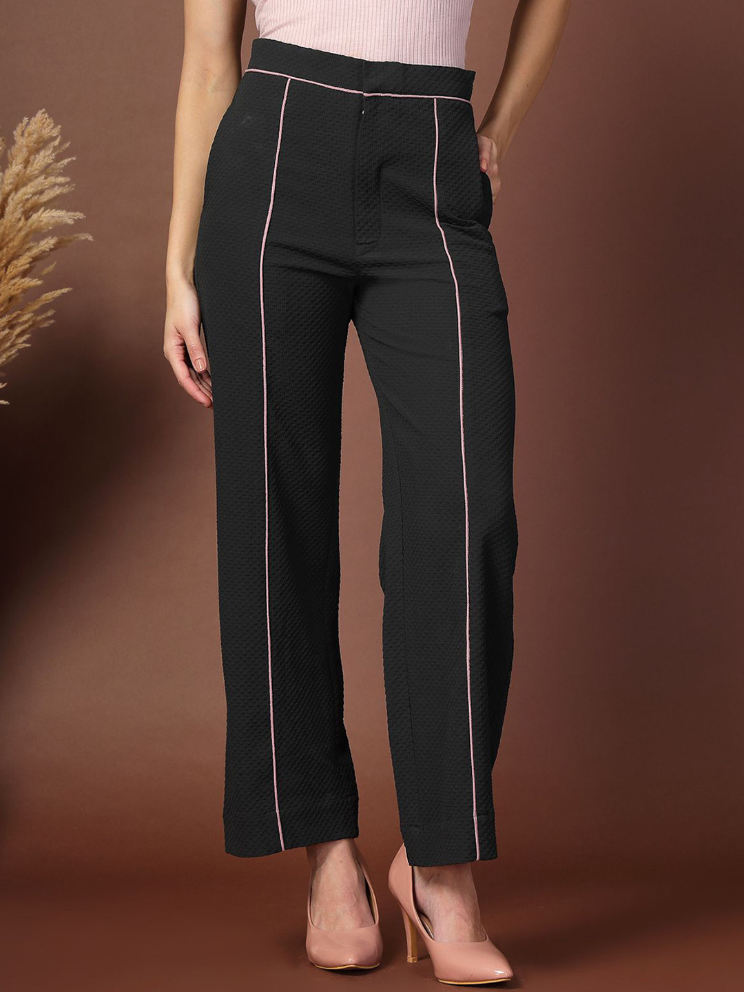 KATLINE Smart Self Design Straight Fit Trouser
